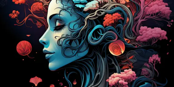 A stylized woman's profile with flowing hair intertwined with colorful trees and flowers against a dark background.