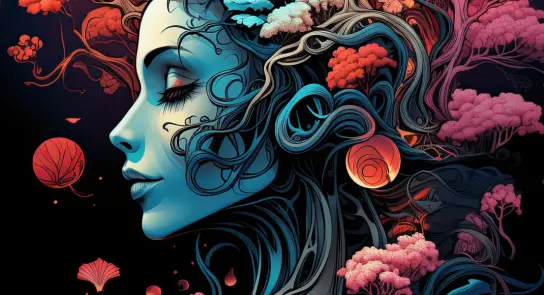 A stylized woman's profile with flowing hair intertwined with colorful trees and flowers against a dark background.