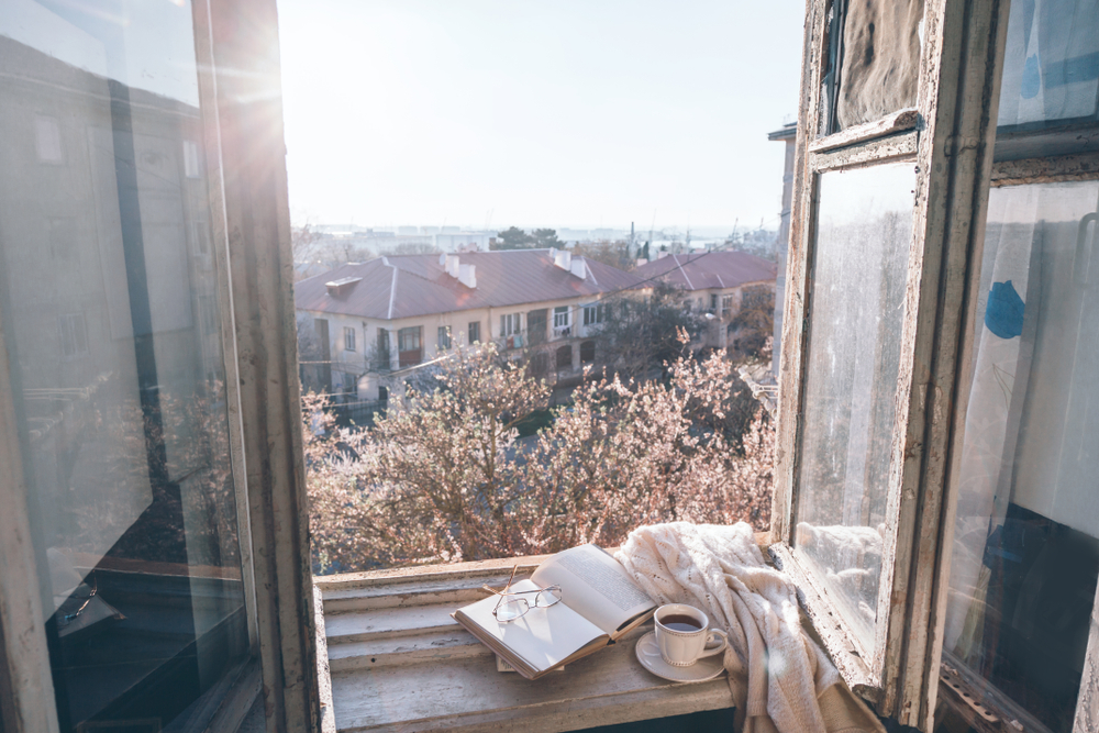 Sunlight streams through an open window, illuminating a book and coffee cup on a windowsill, with blooming trees outside.
