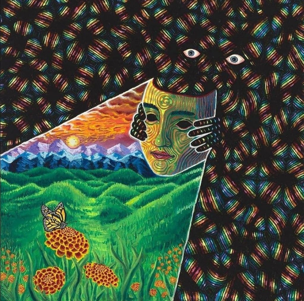 Surreal artwork featuring a face emerging from a vibrant landscape with mountains, flowers, and a butterfly under a sunset.