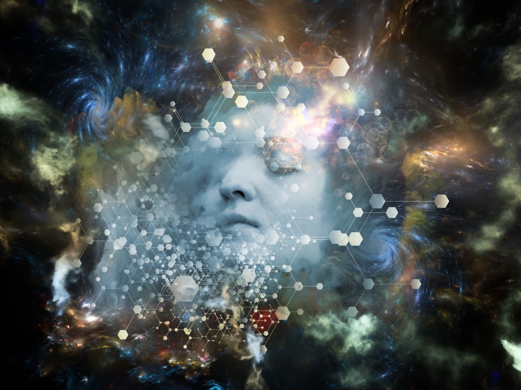 A surreal cosmic scene featuring a woman's face merging with abstract shapes and swirling galaxies.