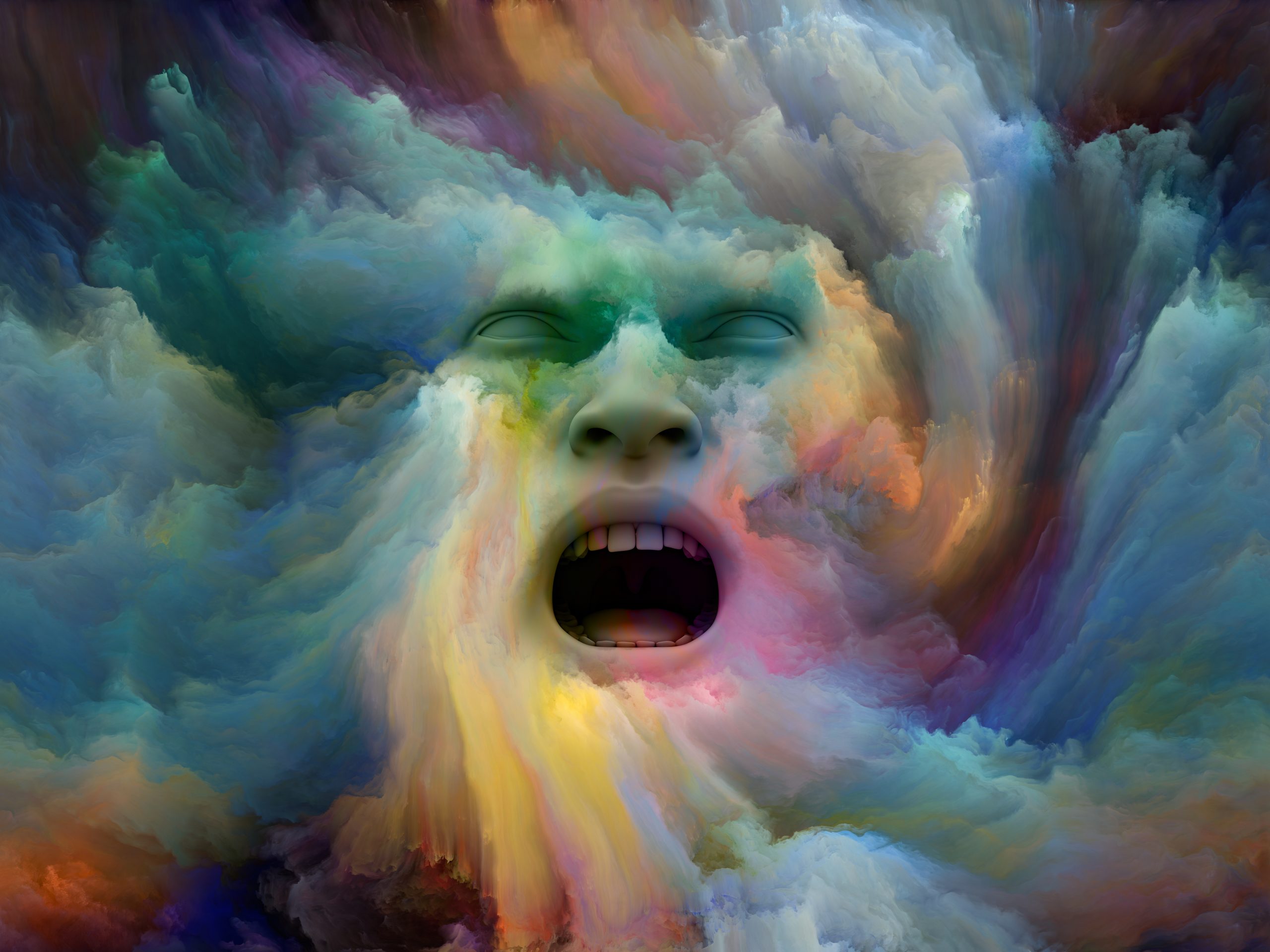 A surreal face emerges from vibrant, swirling clouds, expressing intense emotion with a wide-open mouth and closed eyes.