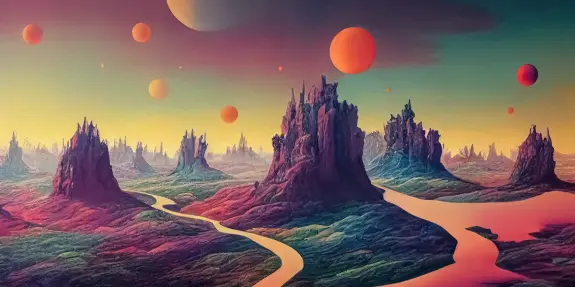 Surreal landscape with colorful rock formations, winding rivers, and multiple planets in a vibrant sky.