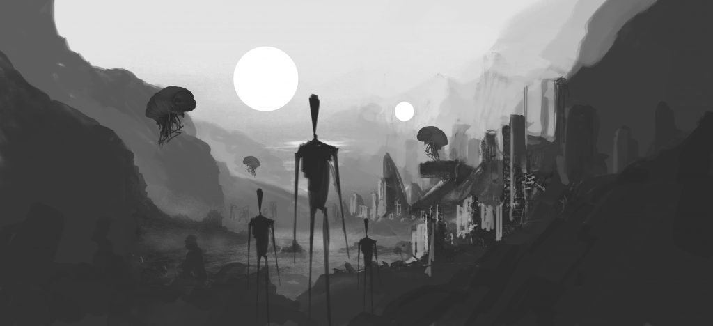 Surreal landscape with towering figures, jellyfish-like creatures, and a hazy skyline under large suns.