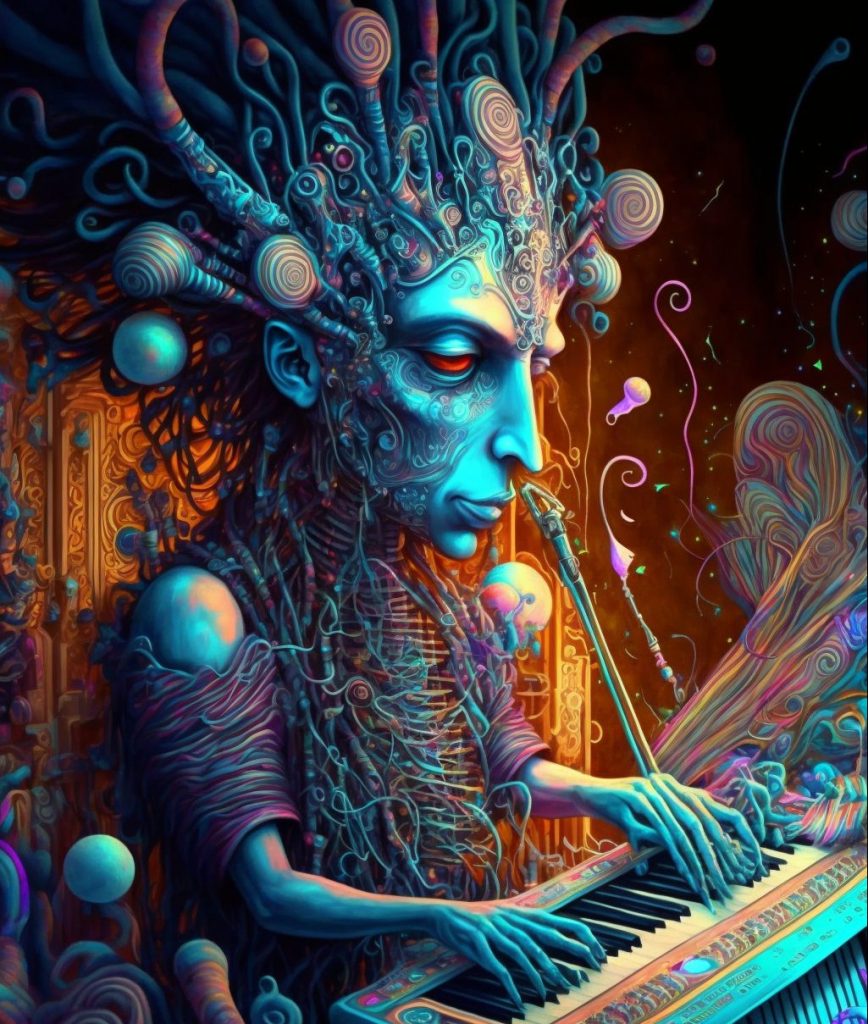 Surreal musician with intricate, colorful patterns and swirling elements, playing a keyboard in a vibrant, dreamlike setting.