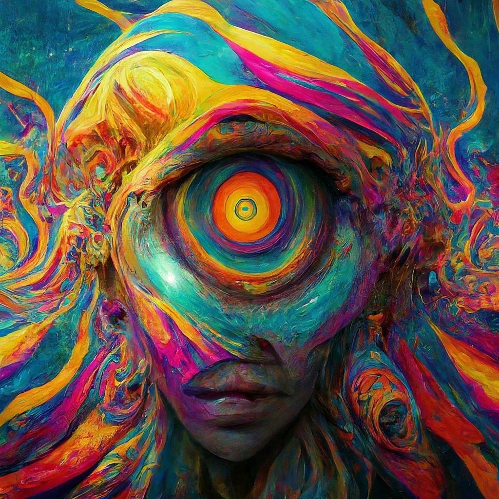 Surreal portrait with a large, vibrant eye at the center, surrounded by colorful, flowing abstract patterns.