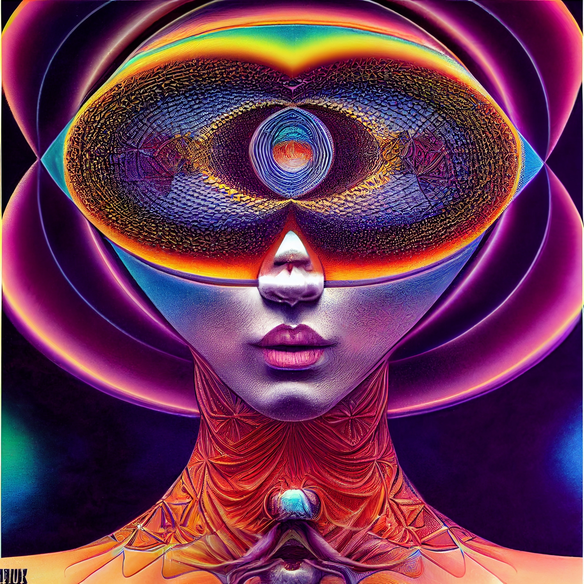 Surreal portrait of a woman with large, intricate eyes and vibrant, swirling colors, exuding a cosmic and mystical vibe.