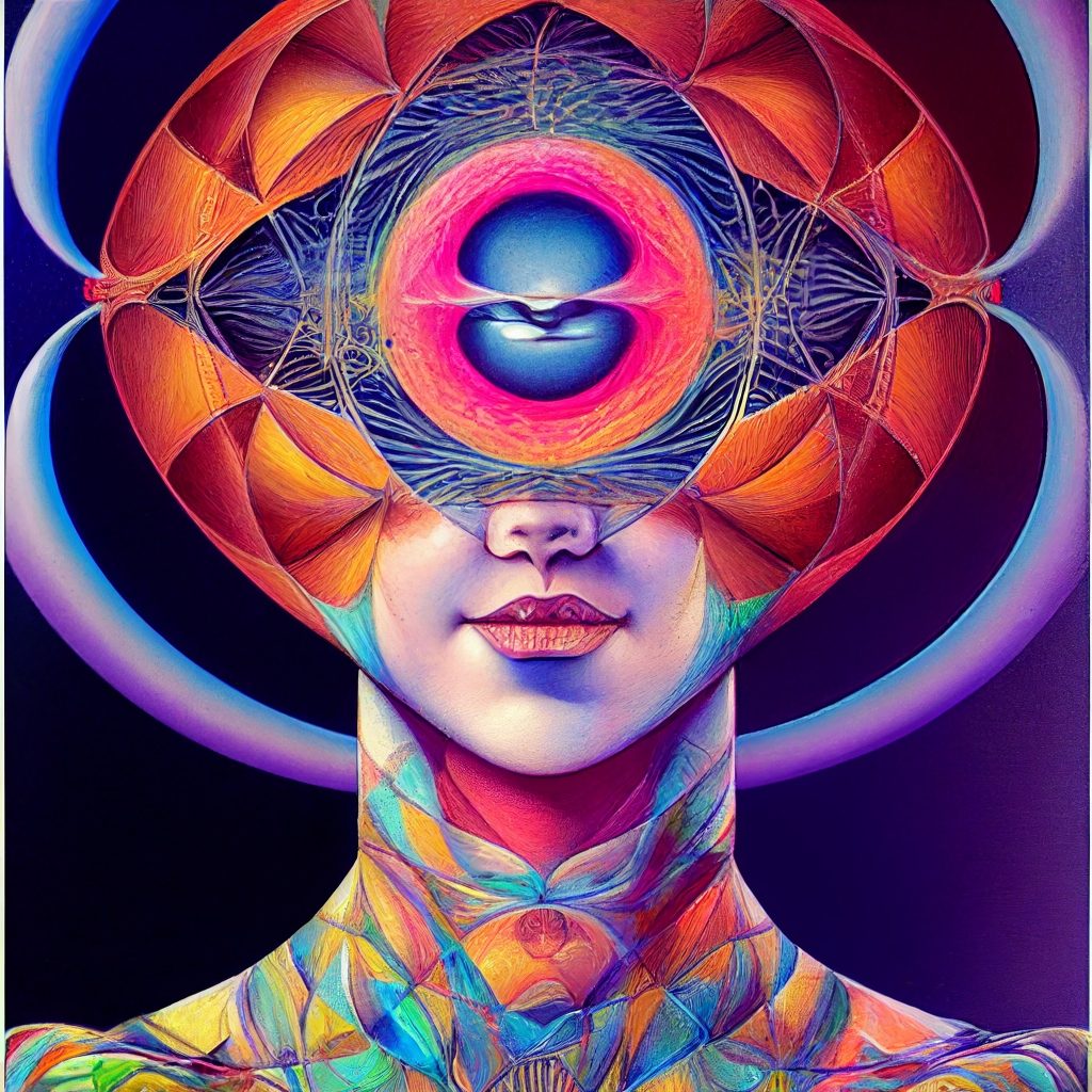 A surreal portrait of a woman with vibrant geometric patterns and an eye at the center of her forehead, radiating color.