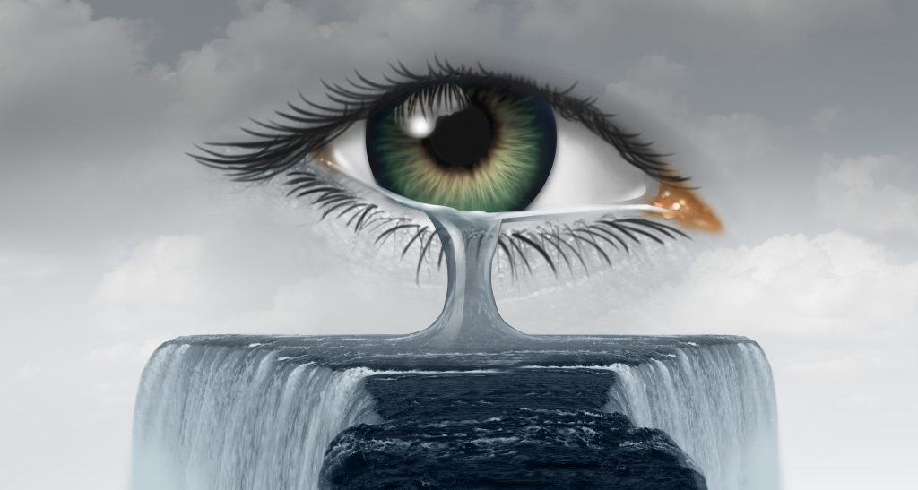 A surreal scene featuring a large eye above a waterfall cascading into a dark ocean, set against a cloudy sky.