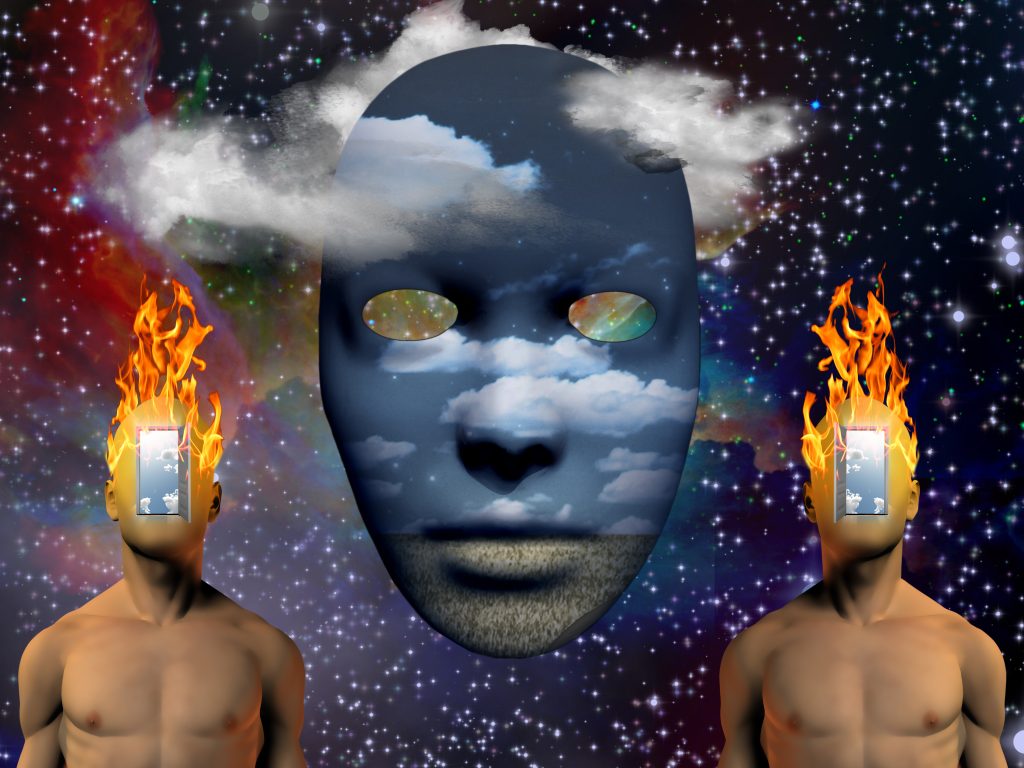 Surreal scene featuring two figures with flaming heads and a large mask displaying clouds and a landscape in a cosmic back...