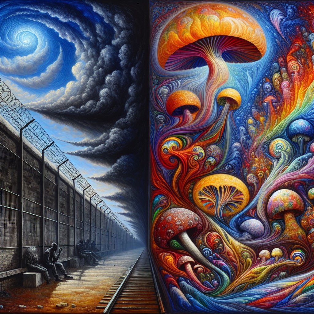 A surreal split scene: dark clouds loom over a desolate train track, while vibrant, swirling mushrooms burst with color on...