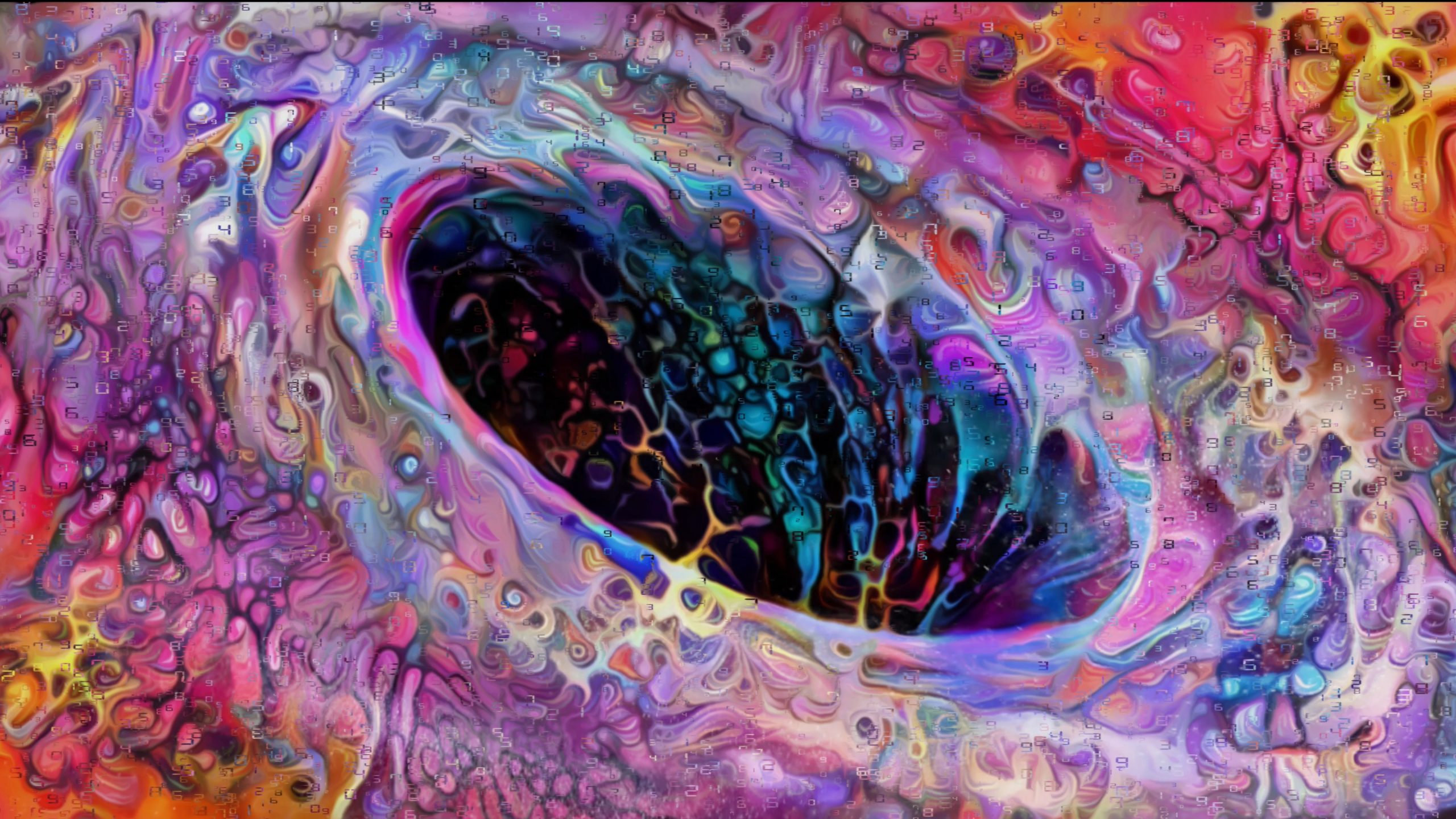 Swirling abstract patterns in vibrant colors, featuring a deep black void at the center, creating a sense of depth and mys...