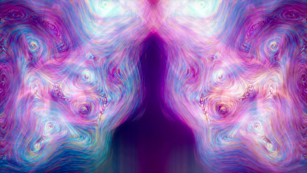 Swirling abstract patterns in vibrant purples, blues, and pinks, creating a dreamlike, fluid visual effect.