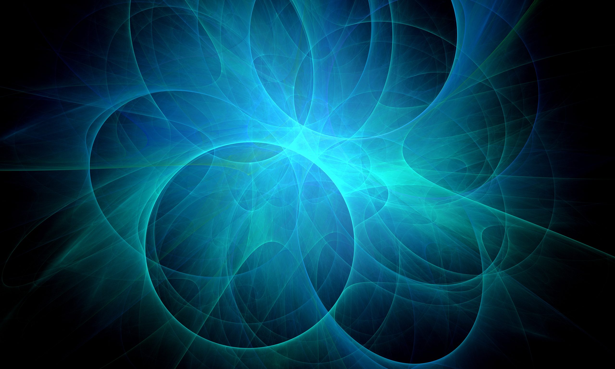 Swirling blue and teal abstract patterns create a sense of depth and movement against a dark background.