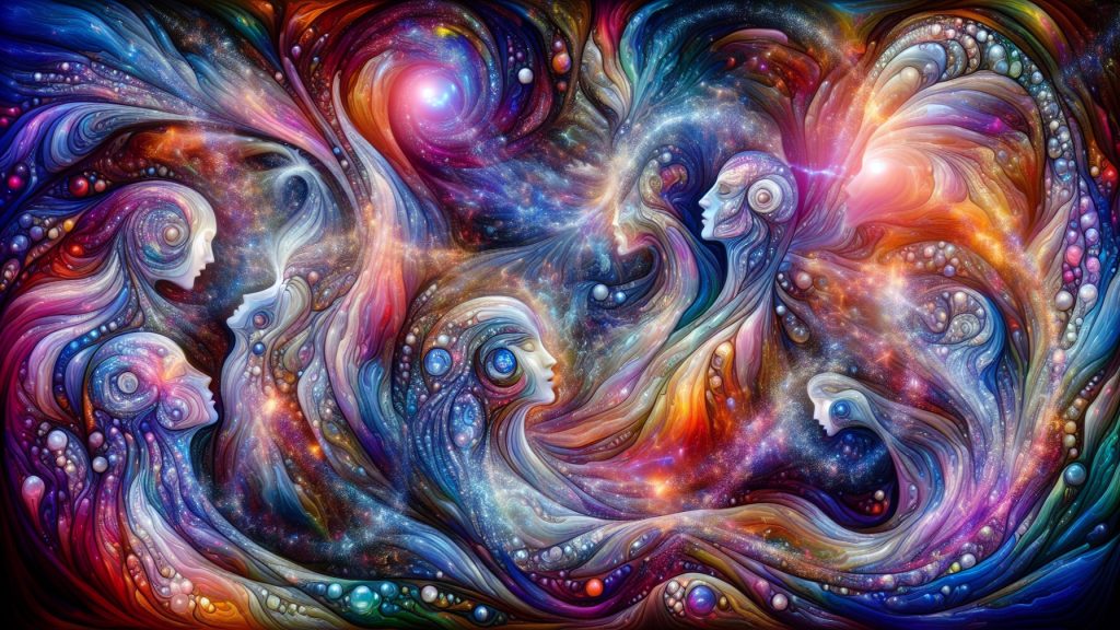 Swirling cosmic colors and abstract figures, representing interconnected human faces amidst a vibrant galaxy.