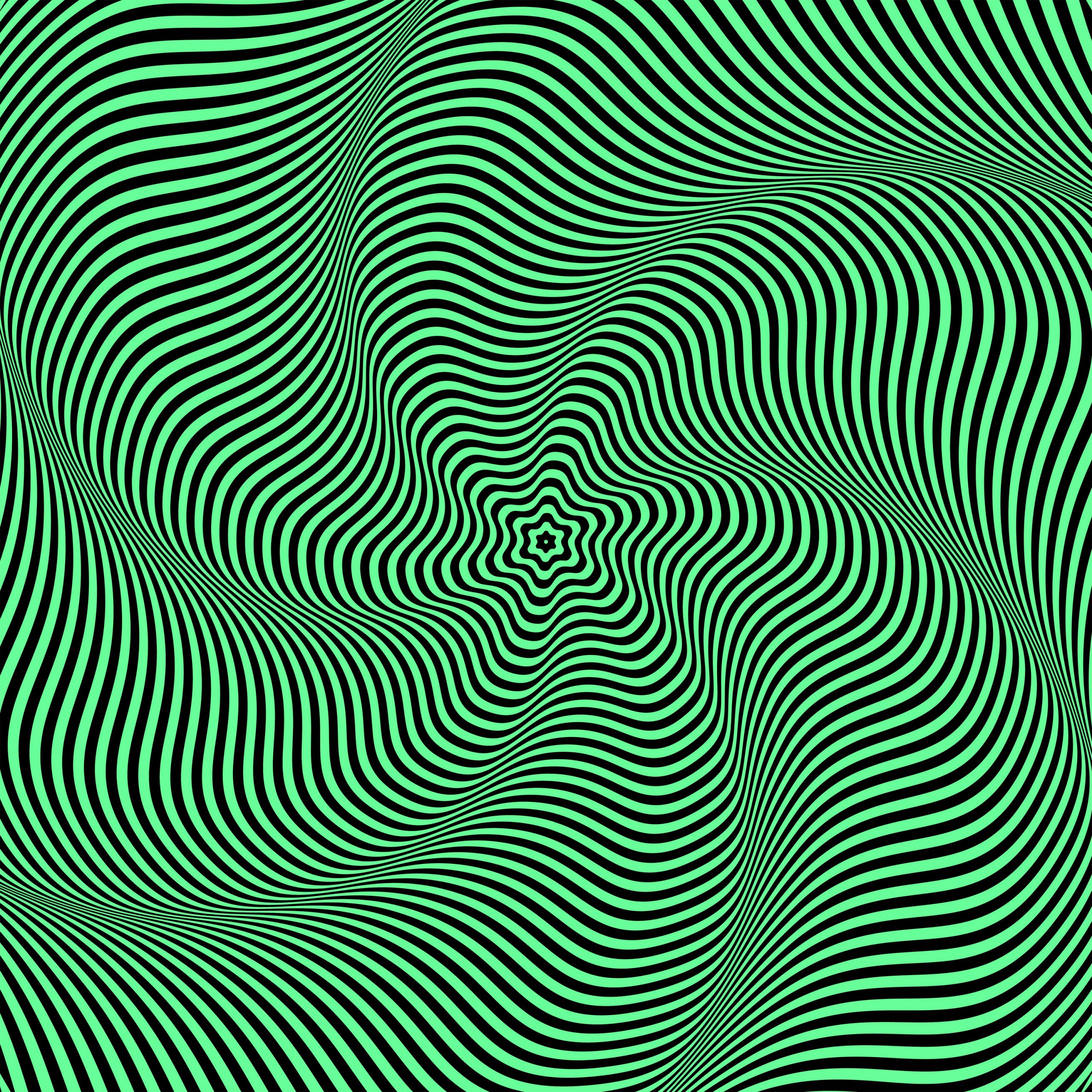 Swirling green and black lines create a hypnotic spiral pattern, converging towards a star-shaped center.