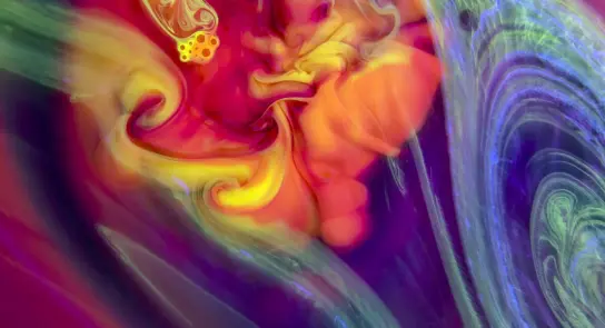 Swirling patterns of vibrant reds, yellows, and blues create an abstract, cosmic-like design.