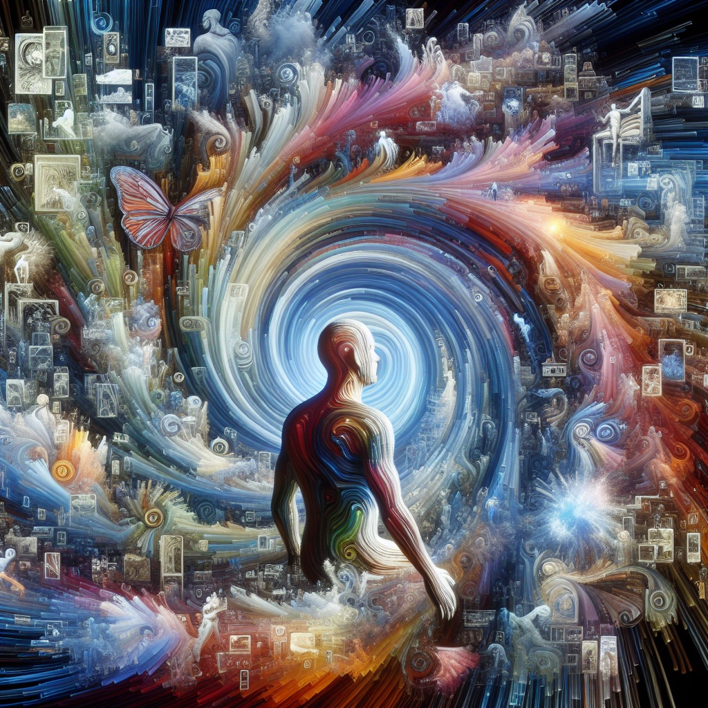 A swirling vortex of colors and images surrounds a silhouette of a person, symbolizing exploration and transformation.
