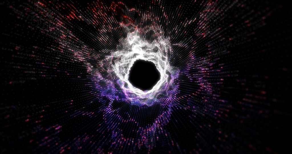 A swirling vortex of light and particles, creating a dynamic, cosmic tunnel effect against a dark background.