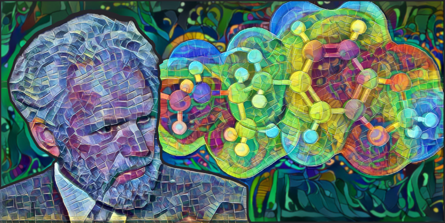 A thoughtful man with gray hair, surrounded by colorful, abstract representations of molecular structures.