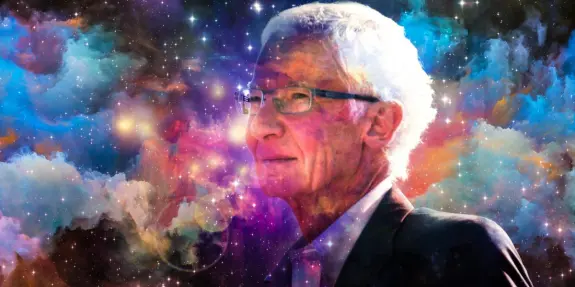 A thoughtful older man with glasses against a vibrant cosmic background filled with colorful clouds and stars.