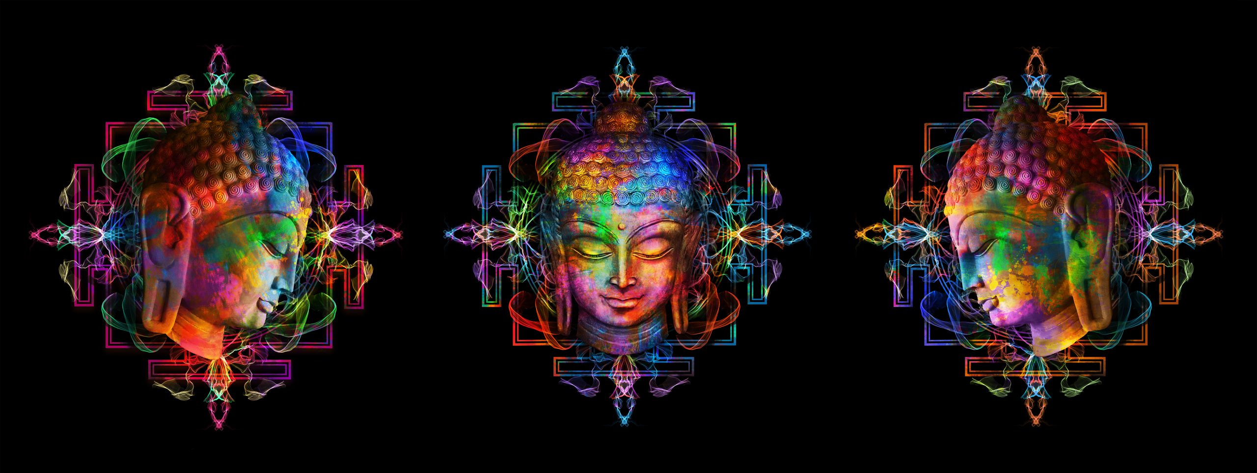 Three colorful, abstract Buddha heads with intricate patterns, set against a black background.