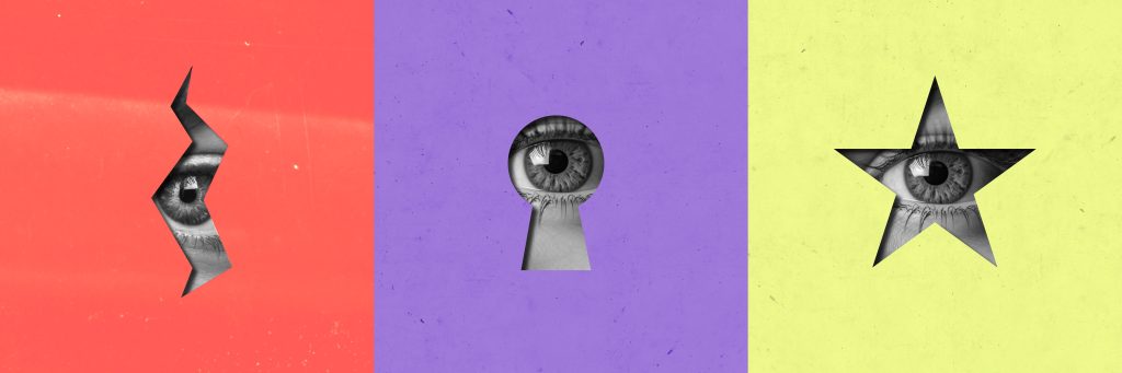 Three colorful backgrounds with cut-out shapes revealing an eye: zigzag, keyhole, and star.