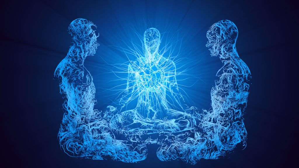 Three ethereal figures sit in a meditative pose, surrounded by glowing blue energy and abstract light patterns.
