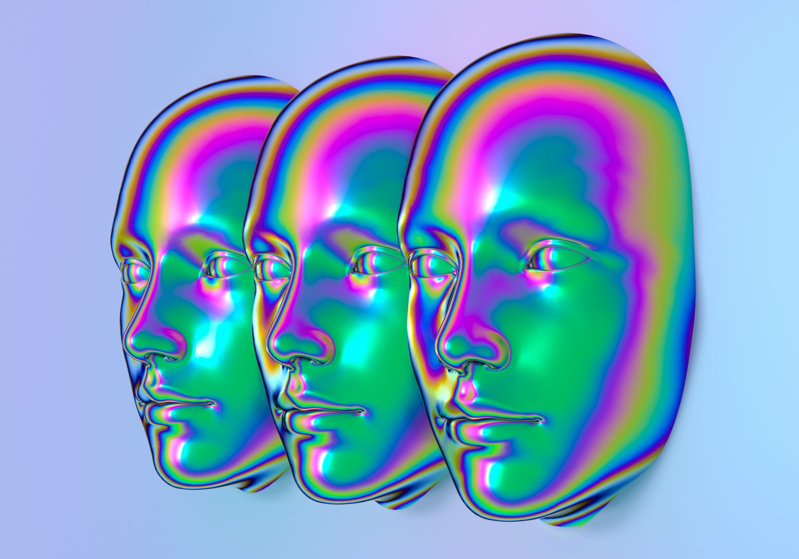 Three iridescent, abstract faces in vibrant colors, reflecting light against a soft gradient background.