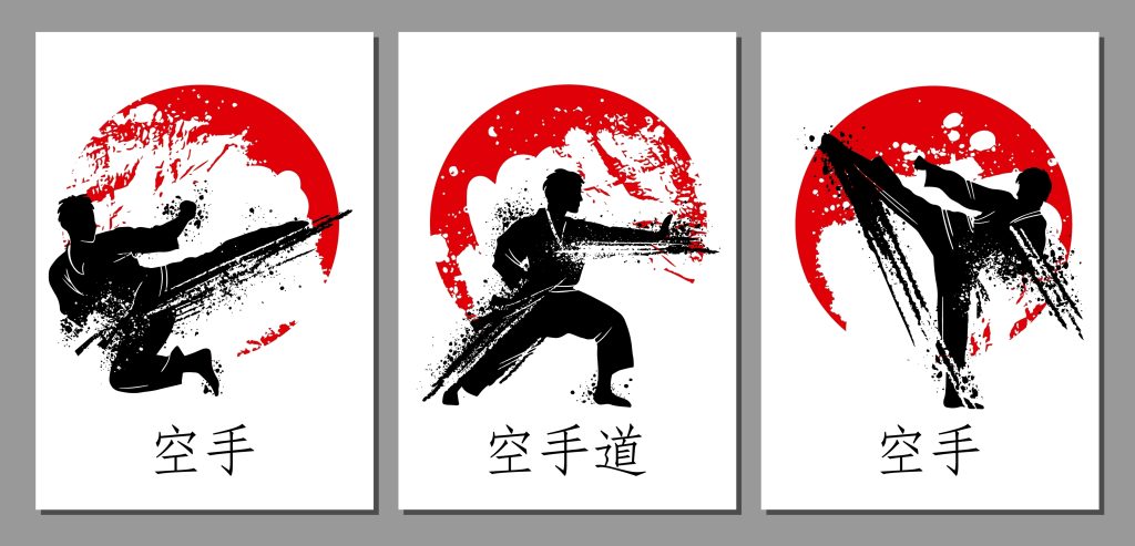 Three martial arts silhouettes against red sunburst backgrounds, showcasing dynamic poses and movements.