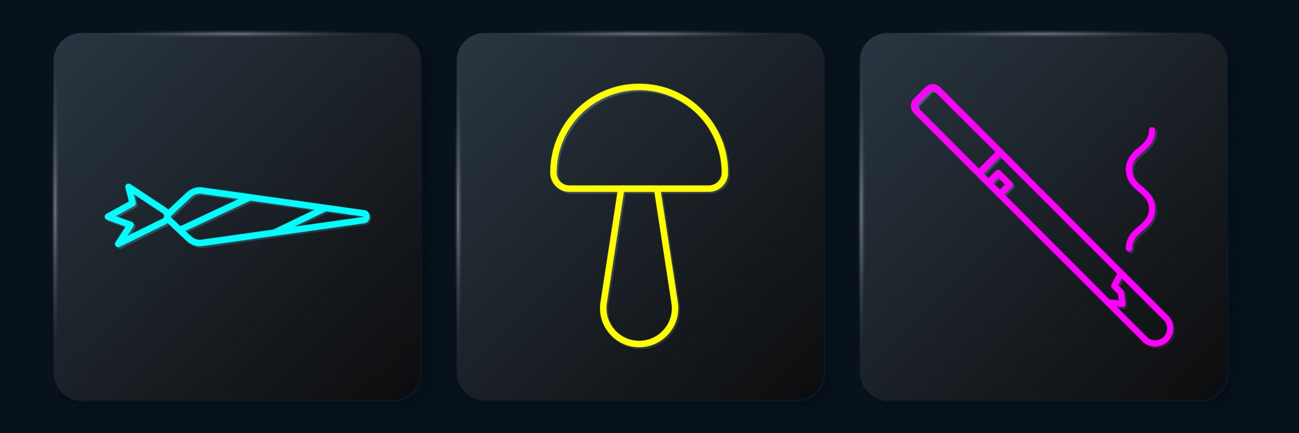 Three neon icons: a carrot, a mushroom, and a flute, each on a dark background.