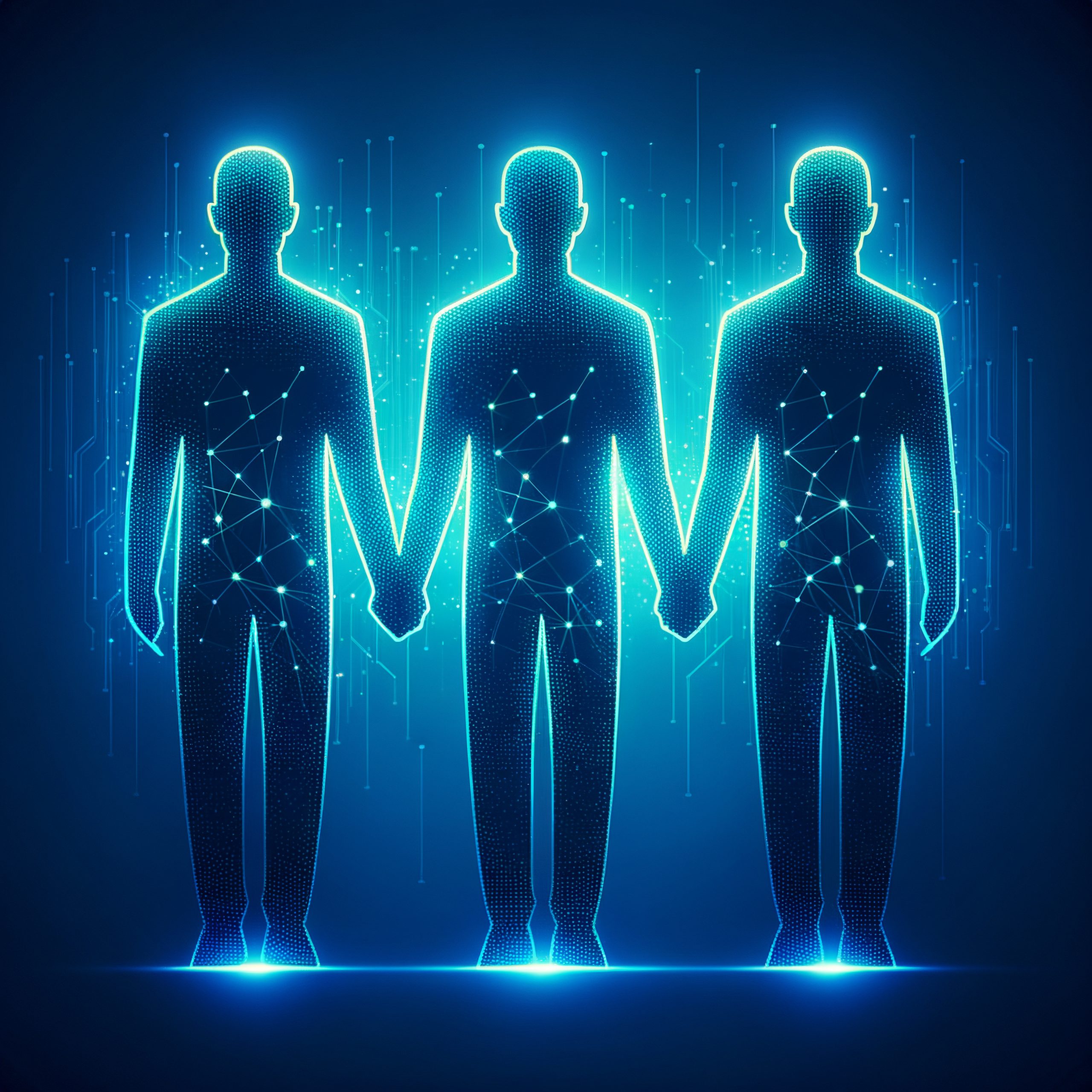 Three silhouetted figures holding hands, surrounded by a glowing digital network of lines and dots against a dark background.