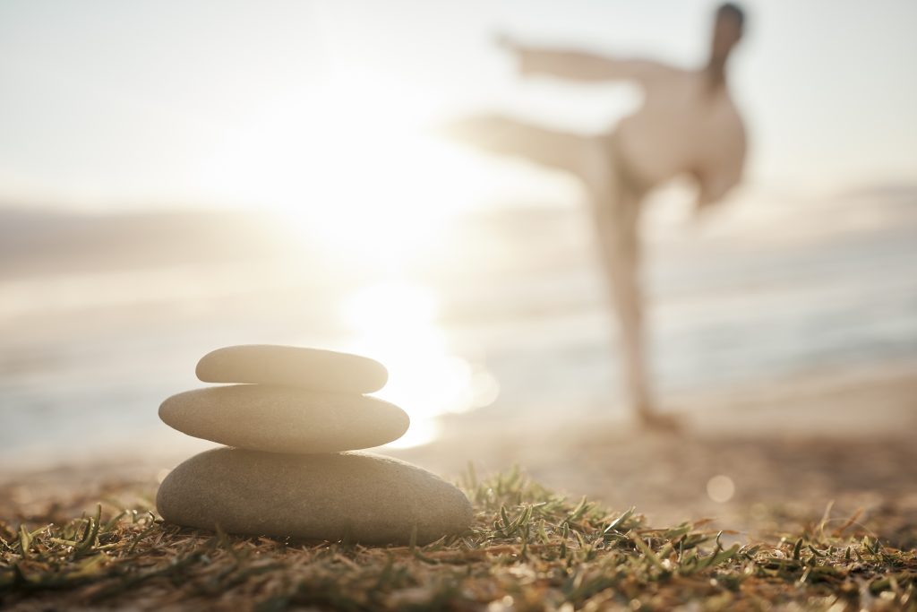 Three stacked stones in the foreground with a blurred figure performing a martial arts kick against a sunlit beach backdrop.