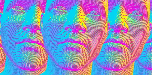 Three stylized, colorful faces with wavy line patterns in vibrant pink, blue, and yellow hues.