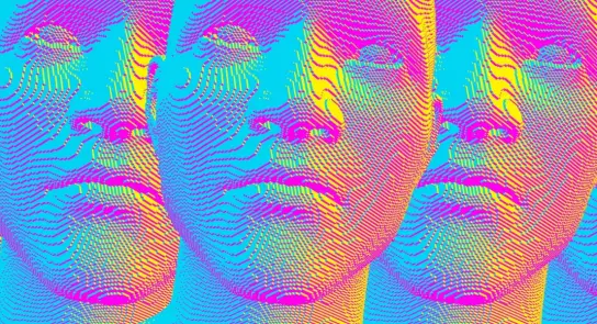 Three stylized, colorful faces with wavy line patterns in vibrant pink, blue, and yellow hues.