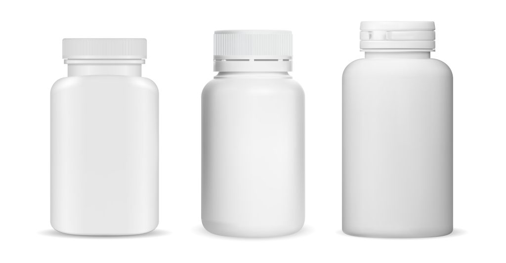 Three white plastic bottles of varying shapes and sizes, each with different caps, set against a plain background.