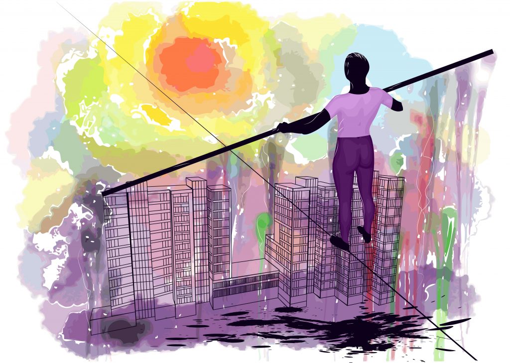 A tightrope walker balances above a colorful cityscape, with vibrant splashes of paint and a bright sun in the background.