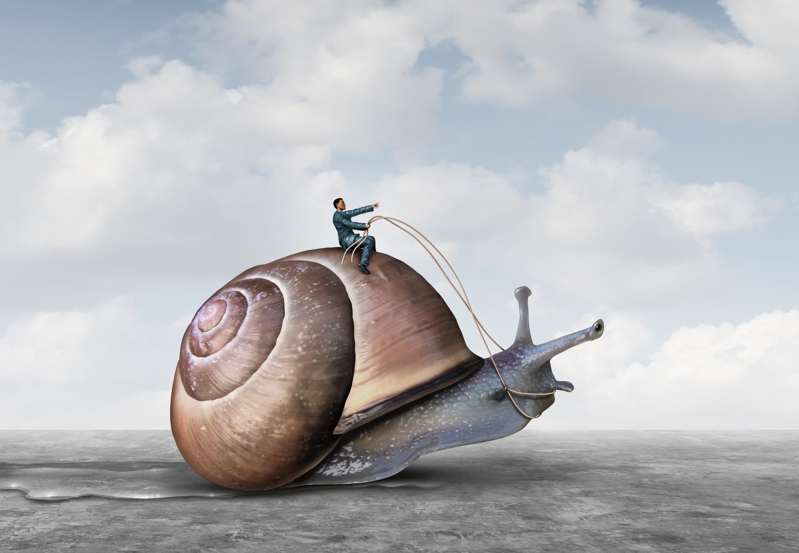 A tiny person in a suit rides a giant snail, holding a rope, against a cloudy sky backdrop.