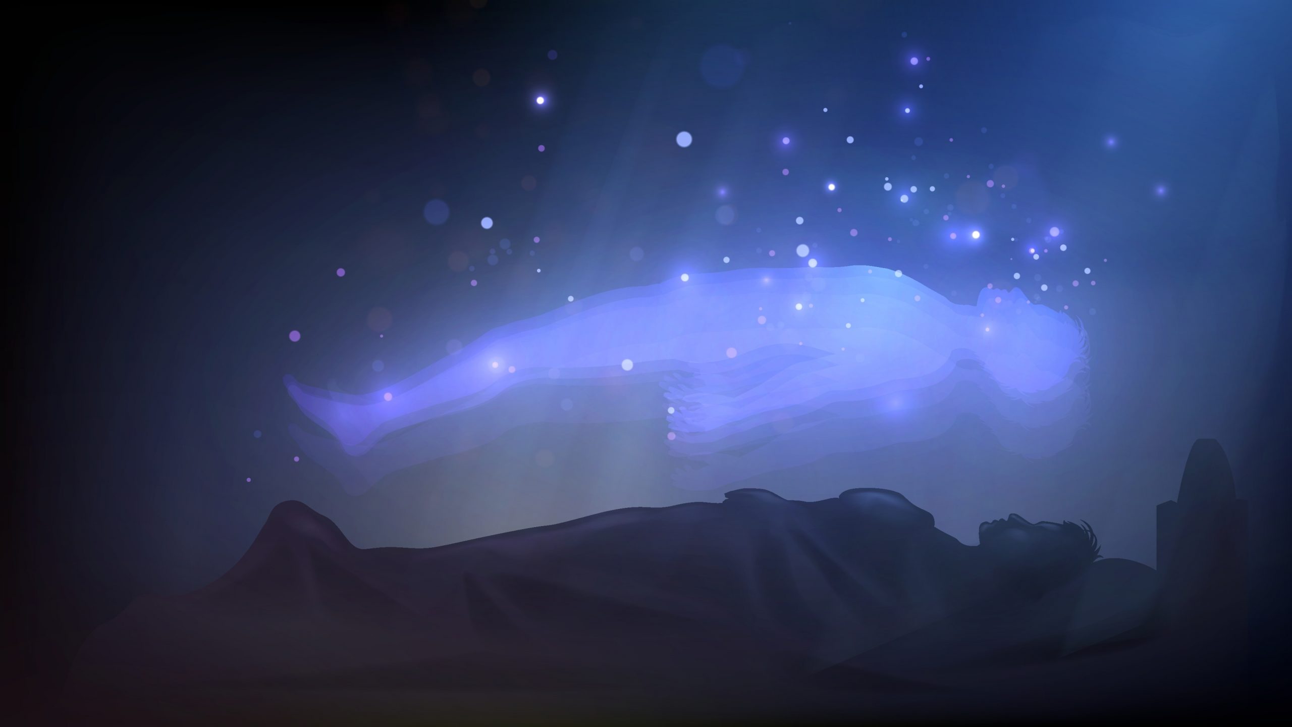 A translucent figure hovers above a person lying in bed, surrounded by shimmering stars and a mystical glow.