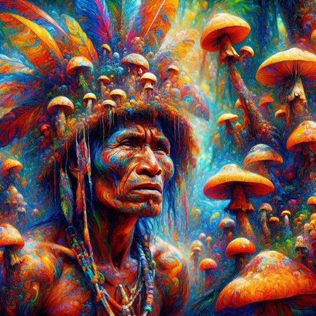 A tribal man adorned with colorful feathers stands amidst vibrant, oversized mushrooms in a surreal, colorful landscape.
