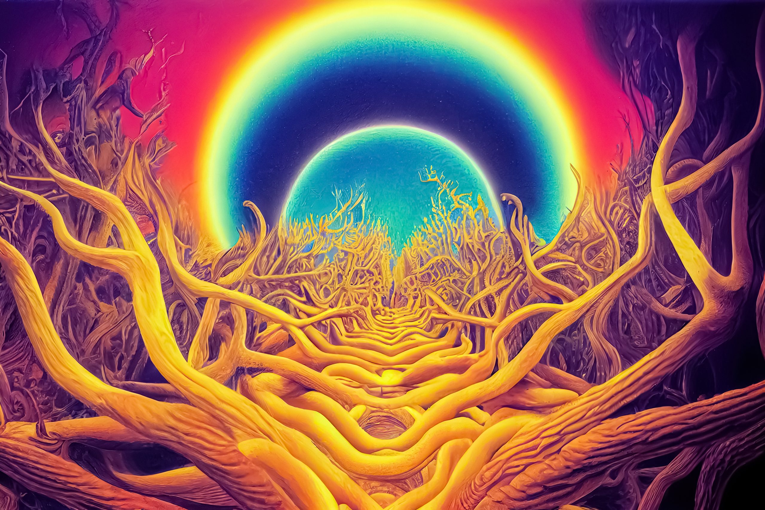 Twisted, vibrant tree roots lead to a glowing, surreal horizon with a rainbow halo and deep blue sky.