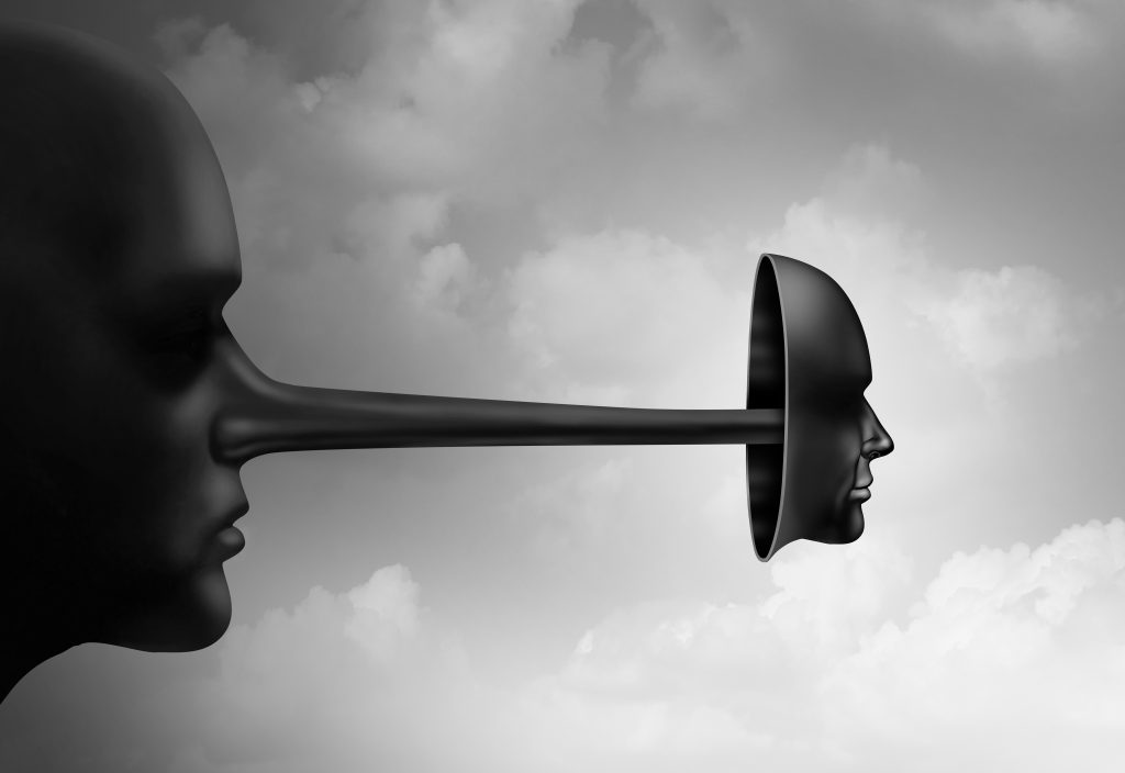 Two abstract black heads, one with an elongated nose, merging into a smooth, hollow face against a cloudy background.