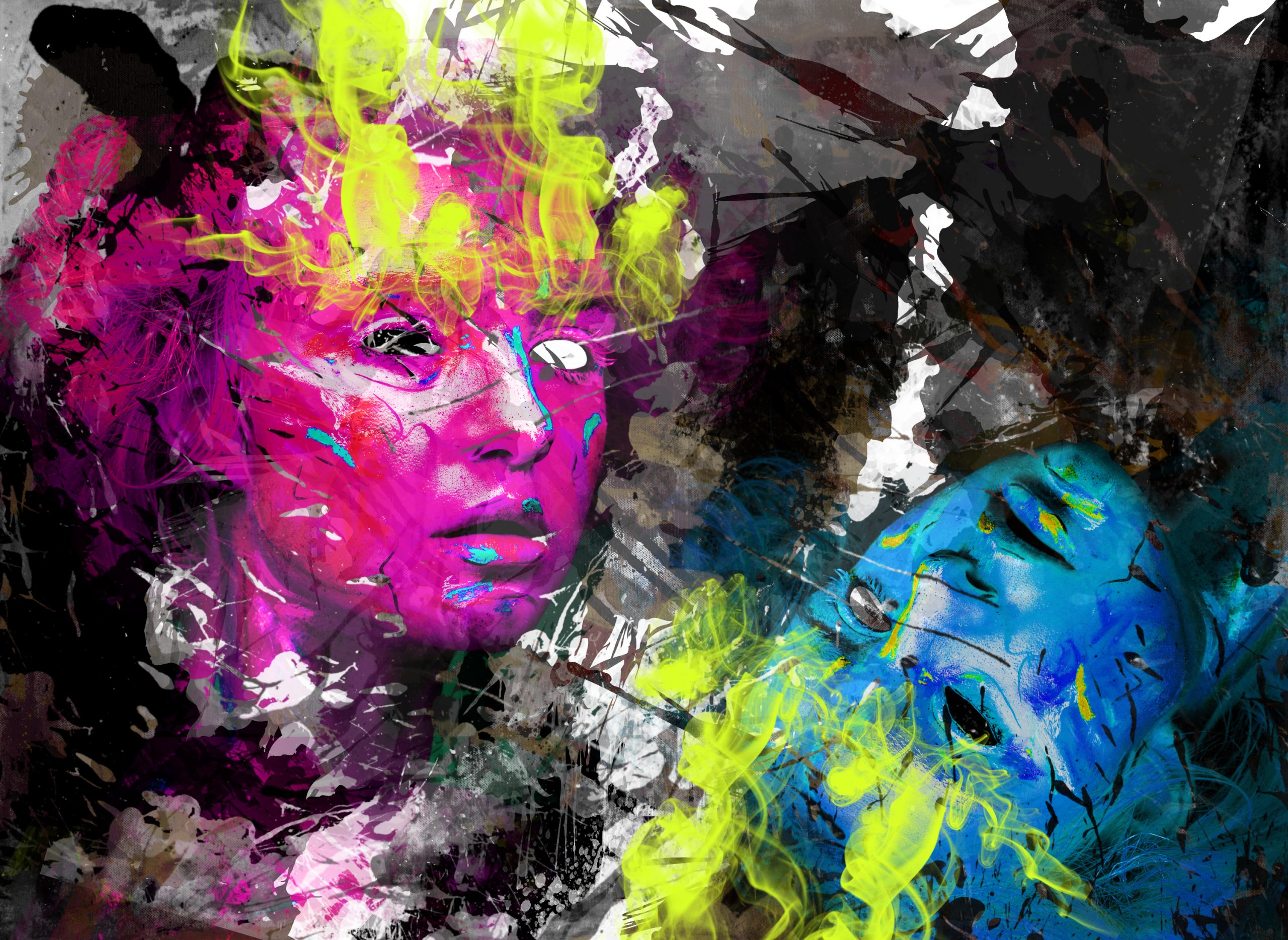 Two abstract faces with vibrant pink and blue hues, surrounded by chaotic splashes of color and swirling patterns.
