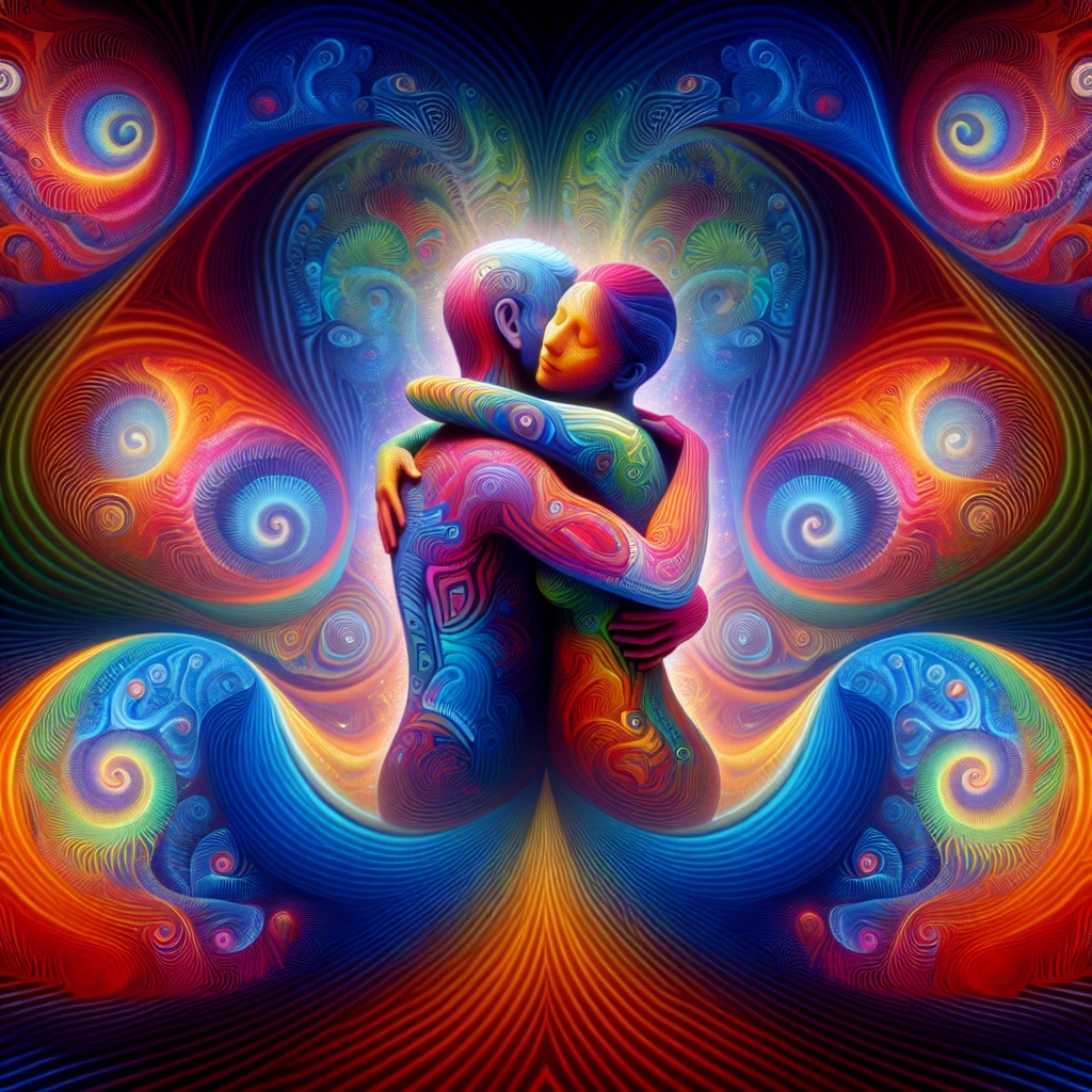 Two abstract figures embrace, surrounded by vibrant swirls and patterns in a kaleidoscope of colors.