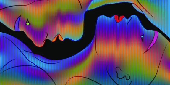Two abstract figures with vibrant, swirling colors, their faces close together, conveying intimacy and emotion.