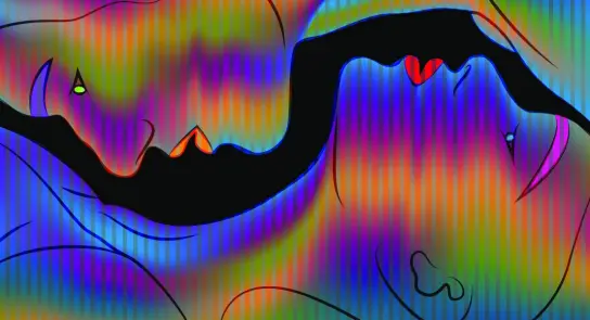 Two abstract figures with vibrant, swirling colors, their faces close together, conveying intimacy and emotion.