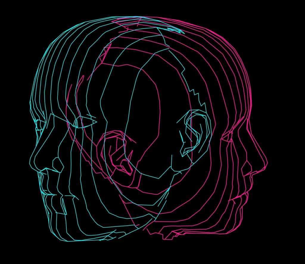 Two abstract human faces outlined in neon blue and pink, layered against a black background, showcasing depth and dimension.