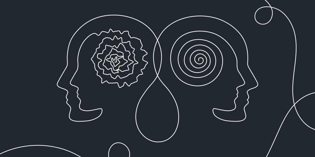 Two abstract human profiles facing each other, one with a floral design and the other with a spiral pattern, on a dark bac...