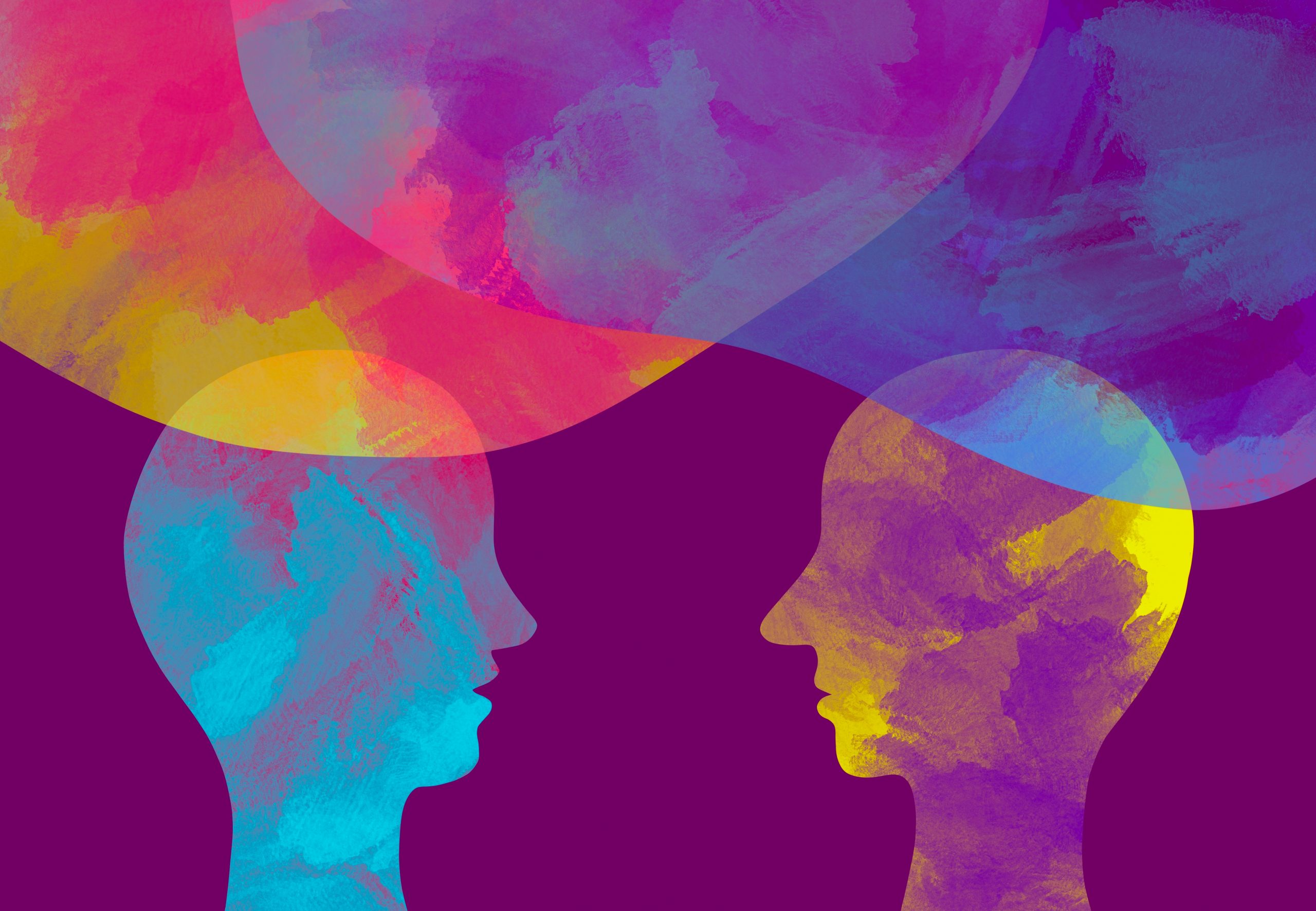 Two abstract human silhouettes in vibrant colors, with colorful thought bubbles above their heads against a purple backgro...