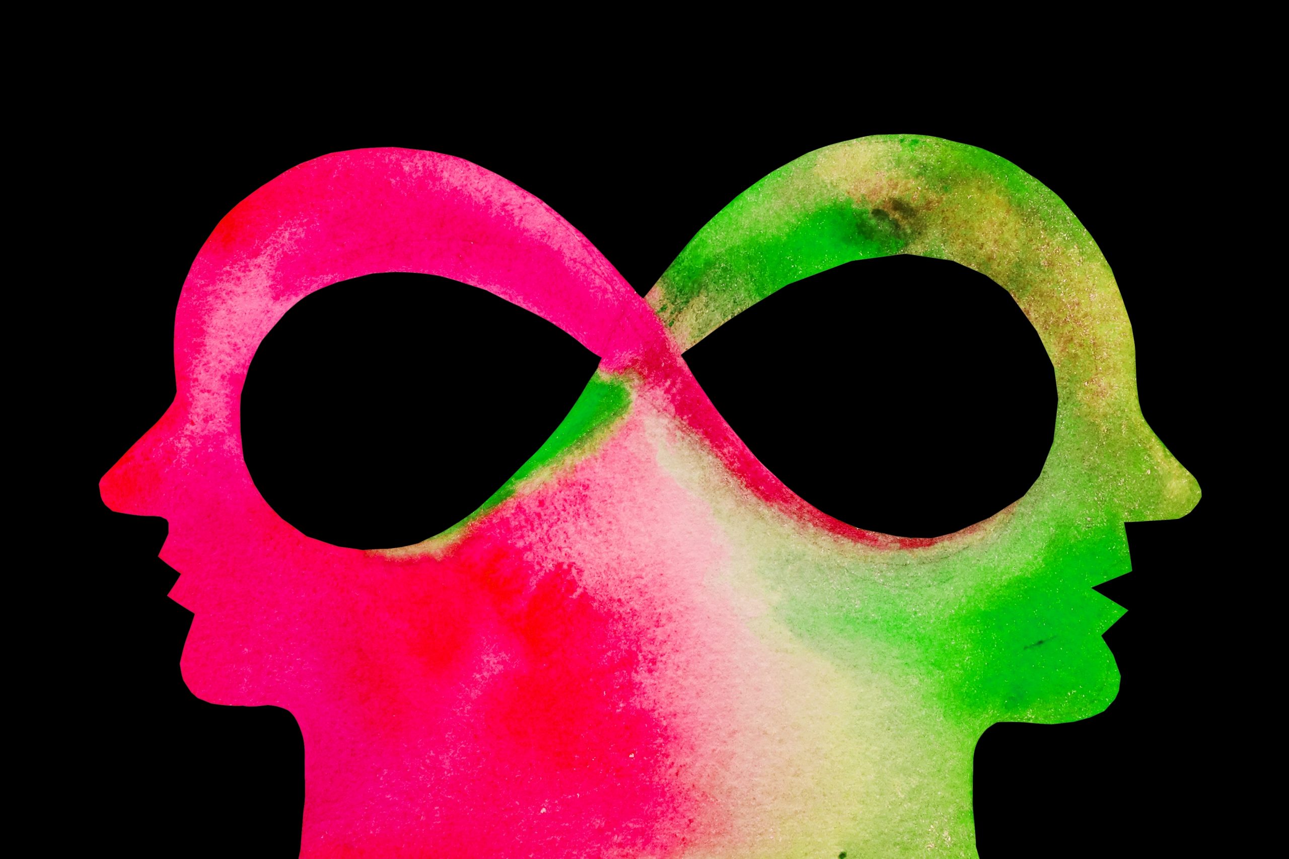 Two abstract profiles in pink and green forming an infinity symbol against a black background.